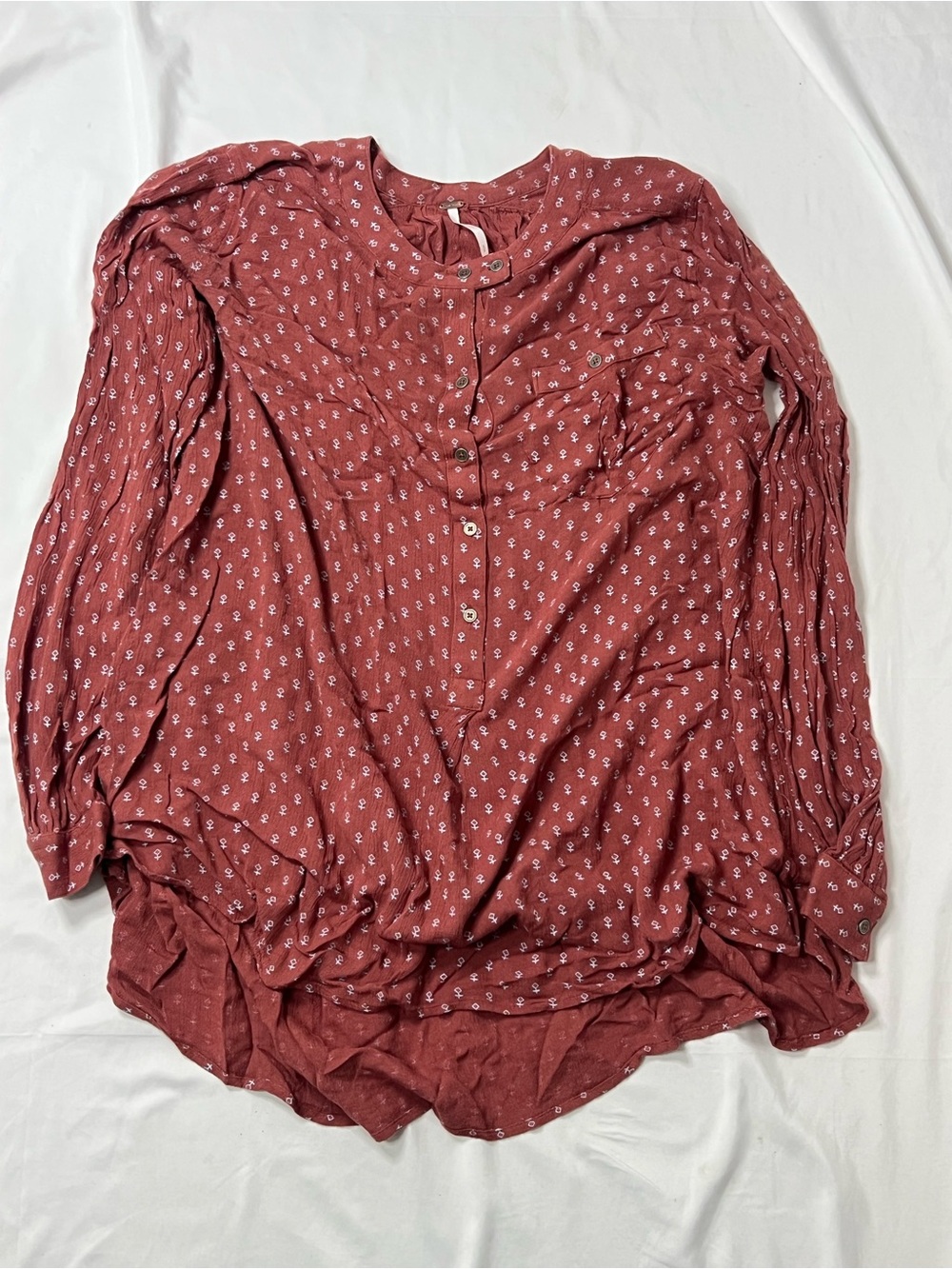 Free People Rust Red Printed Button-Front Long Sleeve Top